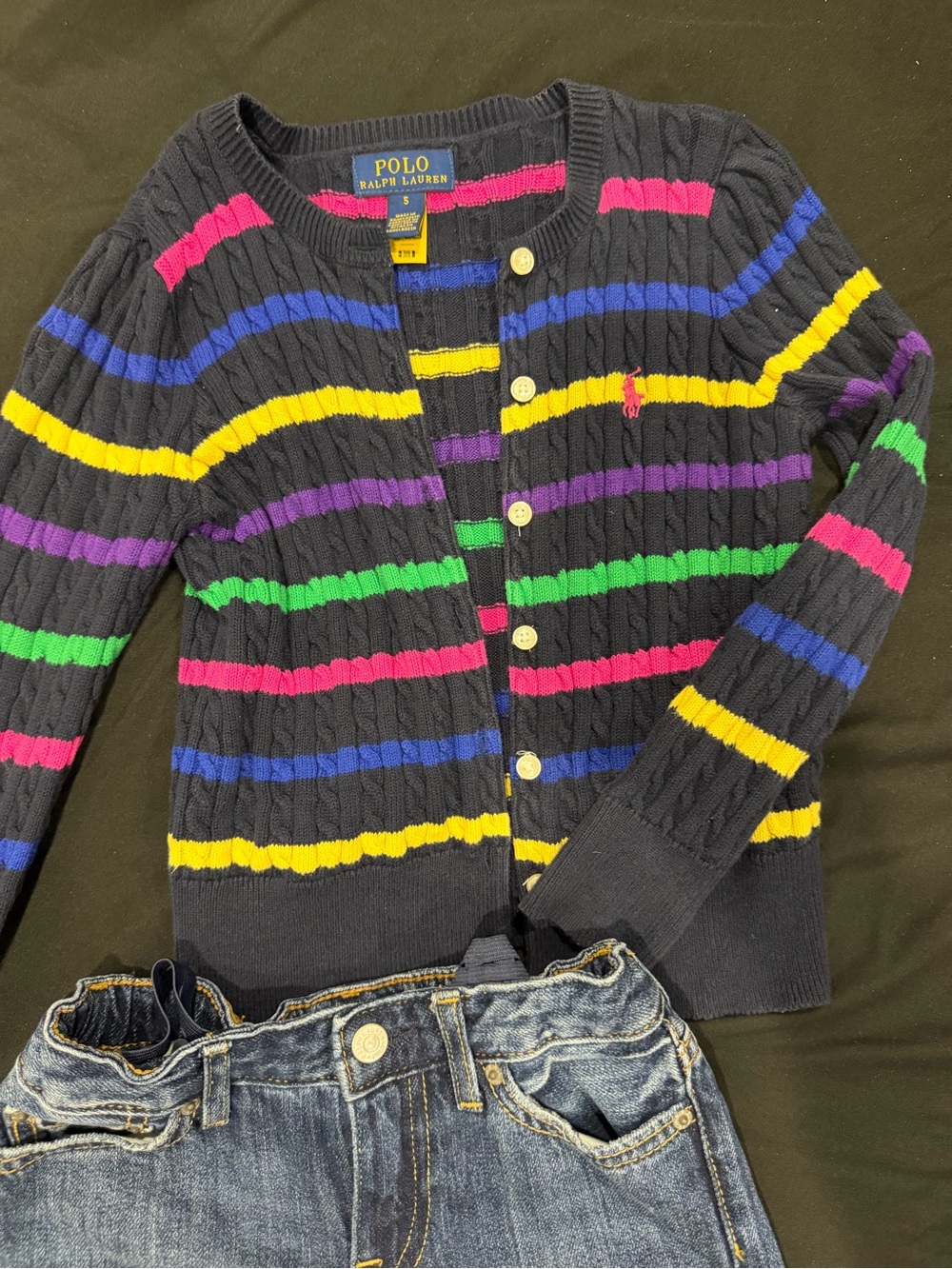 Polo by Ralph Lauren Navy Cable-Knit Cardigan with Multicolor Stripes